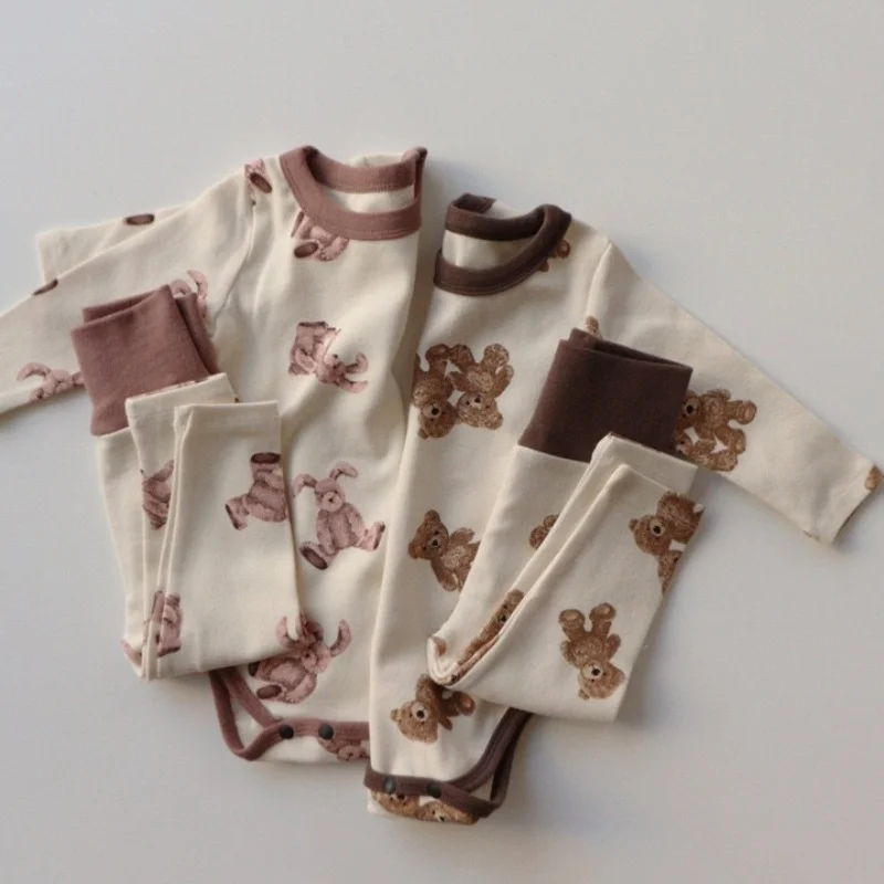 Newborn Infant Cute Bear Print Tracksuit Kids Toddler Boys Girls Suit Baby Clothes 2PCS Kids Pajamas Set Homewear Tops Pants Set