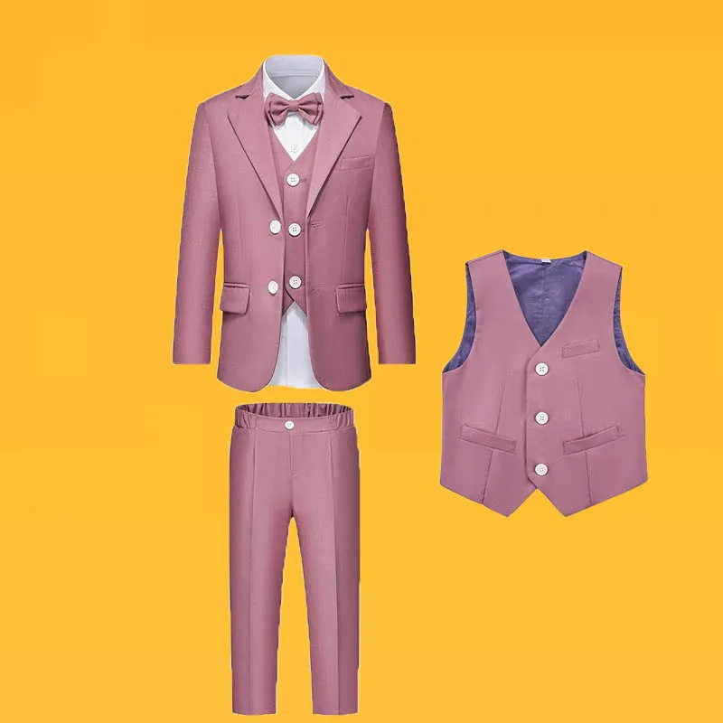 

4 Pieces Pink Jacket Vest Pants Bowtie Children Skinny Dress Gentleman Kids Photograph Suit Boys Graduation Performance Costume