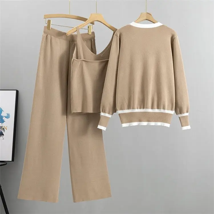 Women Winter Casual Y2K Suit Cardigan Vest Sweater And Pant Three Piece Set Outfit Knitted Fashion Solid Classic Clothing Female