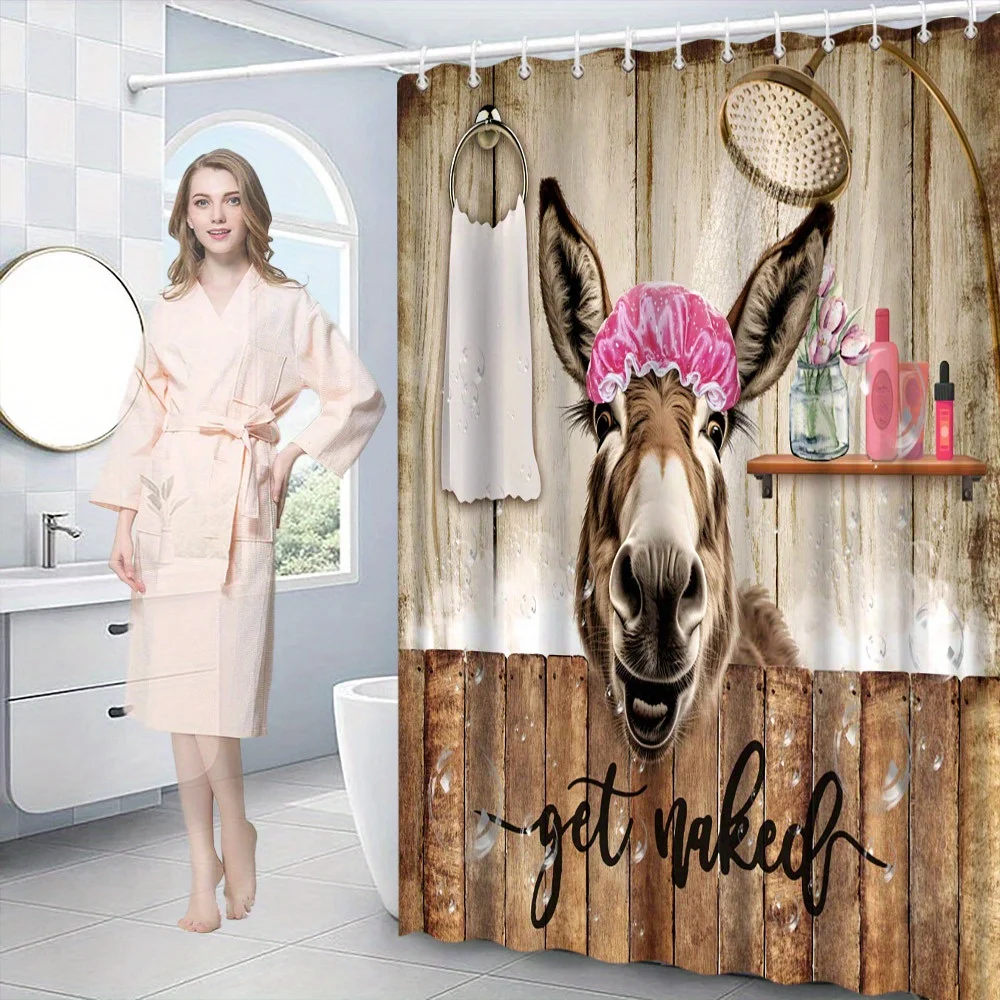 Whimsical Donkey Bathing Shower Curtain with Rustic Wooden Background -Fun\