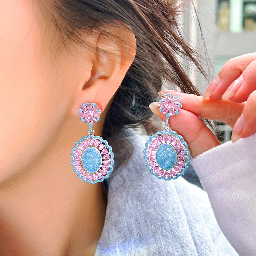 Pera Elegant Pink Blue Turquoise Cubic Zirconia Bridal Wedding Long Big Round Flower Drop Earrings Party Jewelry for Women E0011