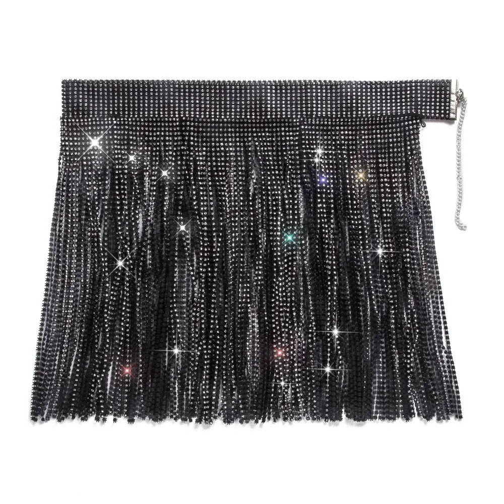 2023 Damen-Rock mit hoher Taille und Pailletten, sexy Club-Kette, Faion-Crossbody-Rock, Baumwolle, A-Linien-Rock, seitlicher Reißverschluss
