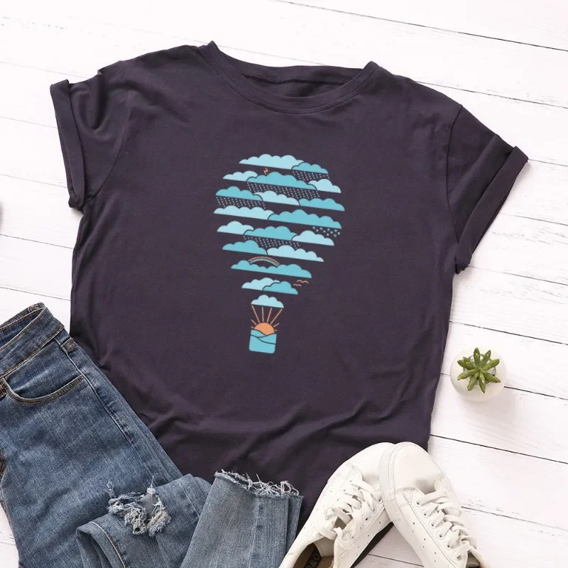 JFUNCY Oversized Women Cotton Tee Shirts Woman Short Sleeve T-Shirt Weather Hot Air Balloon Print Summer Tshirt Female Tops