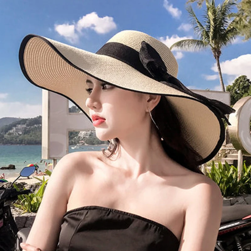 Summer Women Straw Hat Bowknot Wide Brim Floppy Panama Hats Female Lady Outdoor Foldable Beach Sun Cap