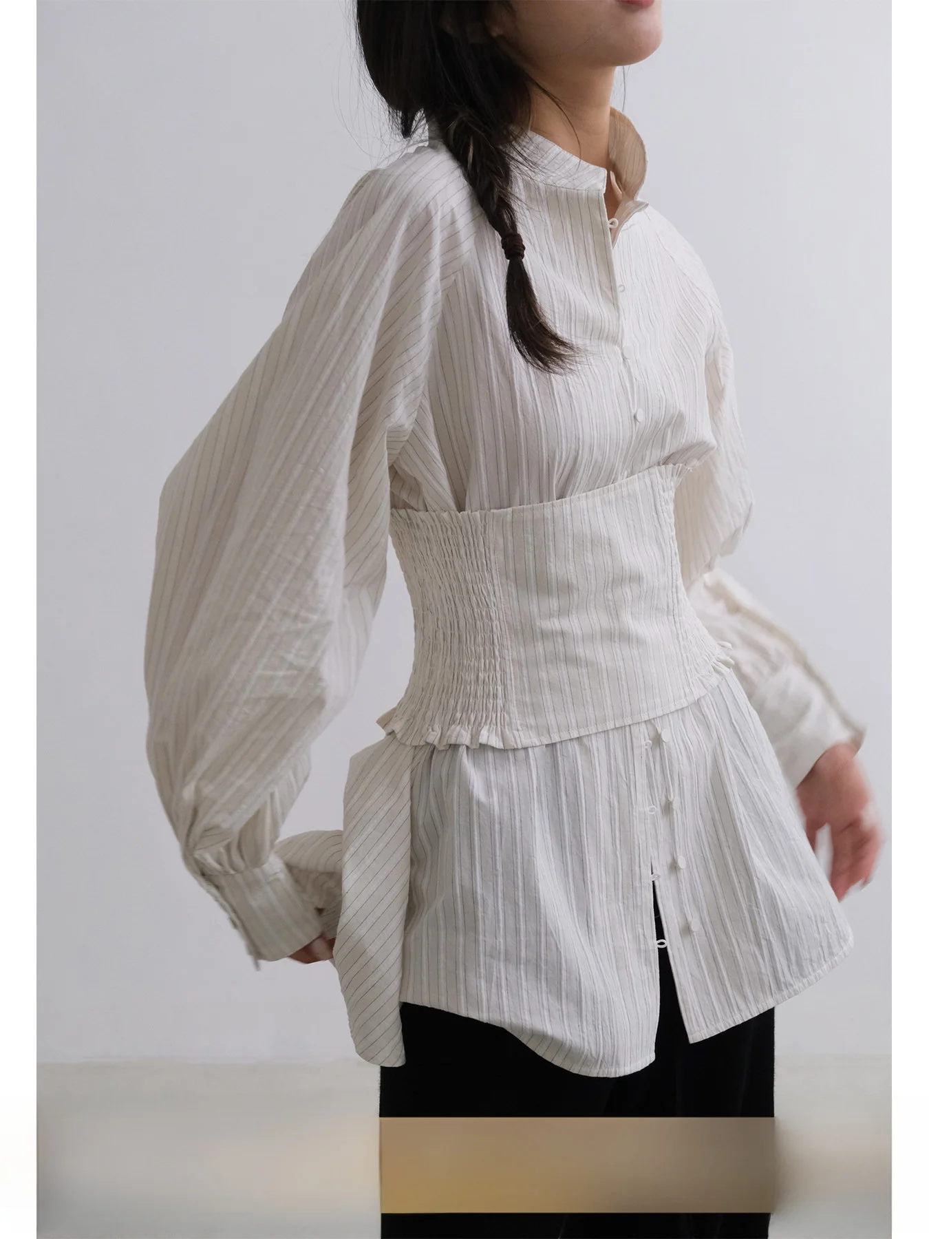 

French Sle Long Sve irt Women's Cotton Pure Stripe Waistcoat Detachable Ele Top Vintage Design Casual Faion