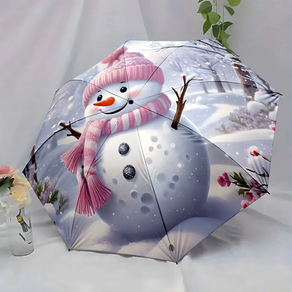 1PC Snowman Umbrella: Cheerful Winter Design Print 8 Iron Ribs Folding Umbrella Auto-Open Fashion Sunshade