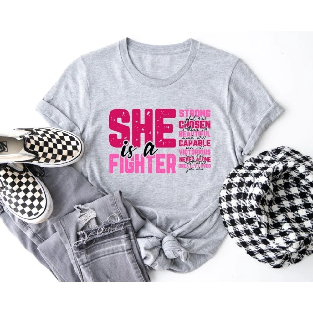 

She Is A Fighter Sweatshirt Breast Cancer Bible Verse Shirt in October We Wear Pink Retro Pink Ribbon Cancer Women Cotton Tee