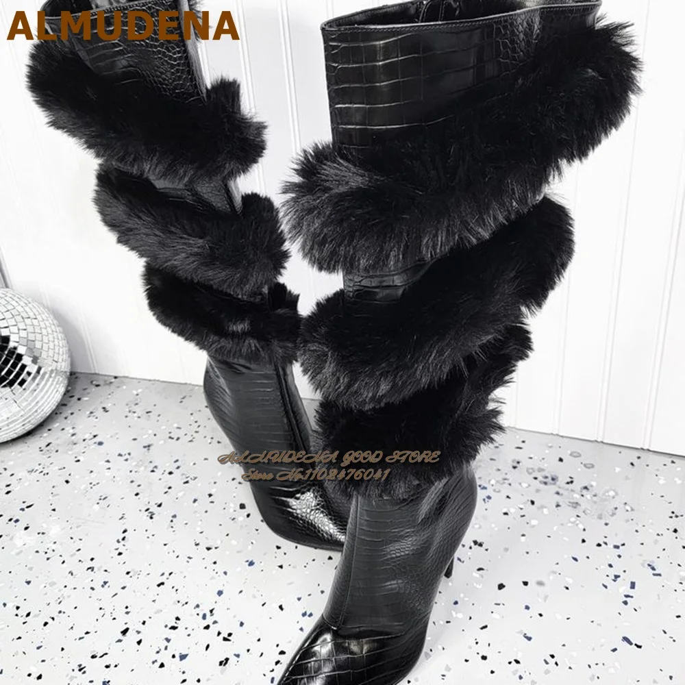 ALMUDENA Leopard Black Fur Knee Boots Sky High Stilettos Pointed Toe Plush Tall Boots Coffee Snakeskin Furry Winter Dress Shoes