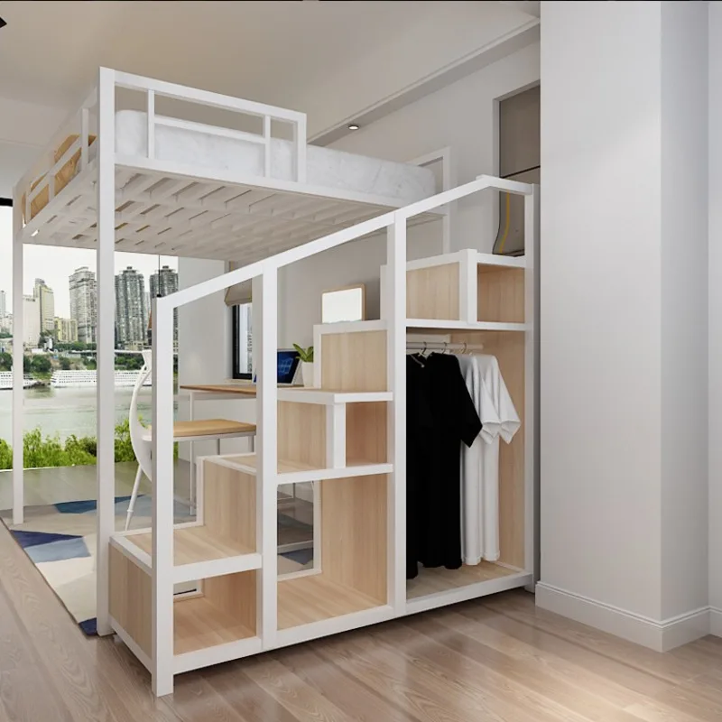 سرير مرتفع من الحديد المطاوع لغرفة النوم، سرير علوي وسفلي بسيط، سرير حديدي للدراسة، شقة واحدة، سرير مرتفع ومنخفض