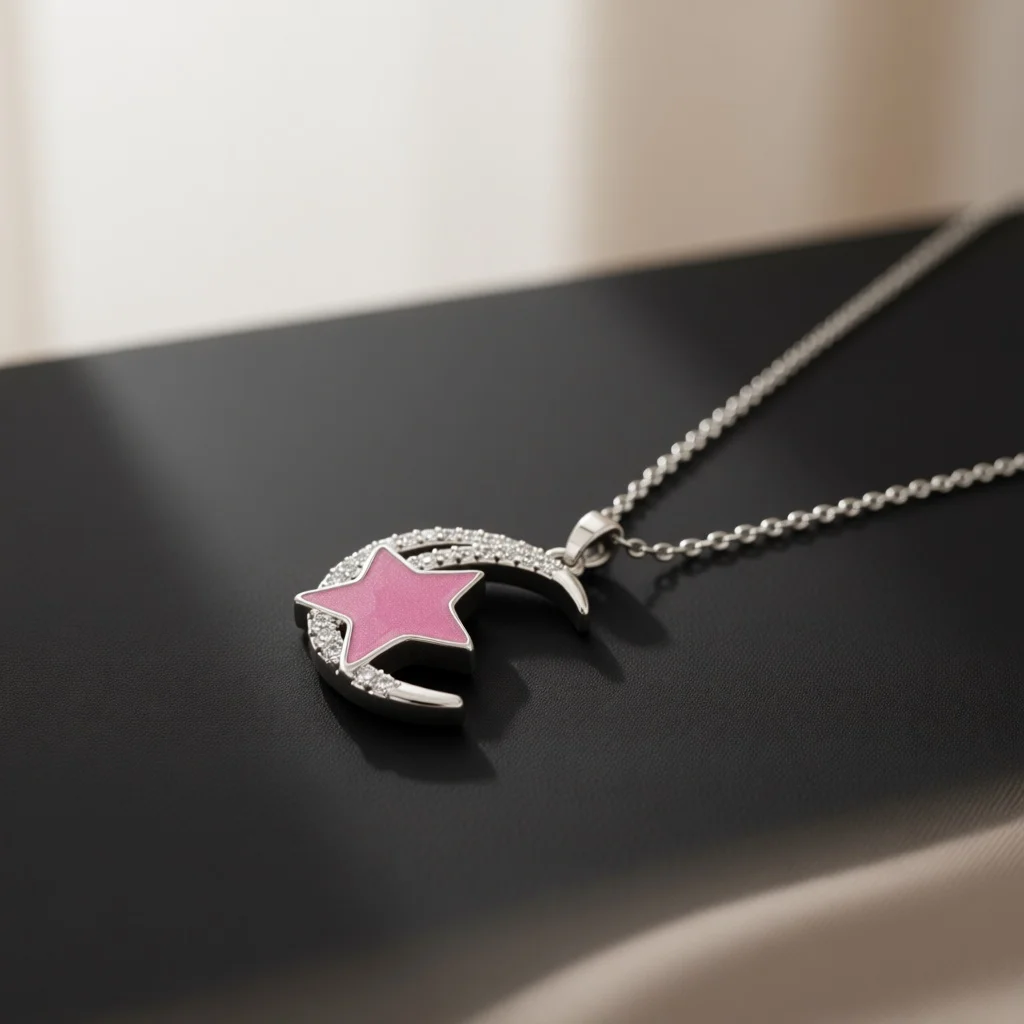 Moon Star Combo Inlaid Necklace Glossy Enamel Surface Sparkling Accent Sweet Theme Birthday Holiday Gifts For Stylish Women