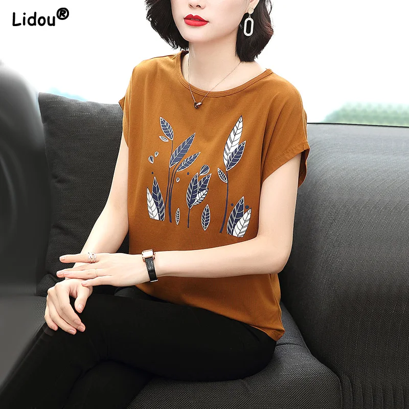 

Patchwork Printing Solid Color Regular Straight Pullovers T-Shirts Round Neck Summer Women's Clothing Thin Tops Short Sleeve