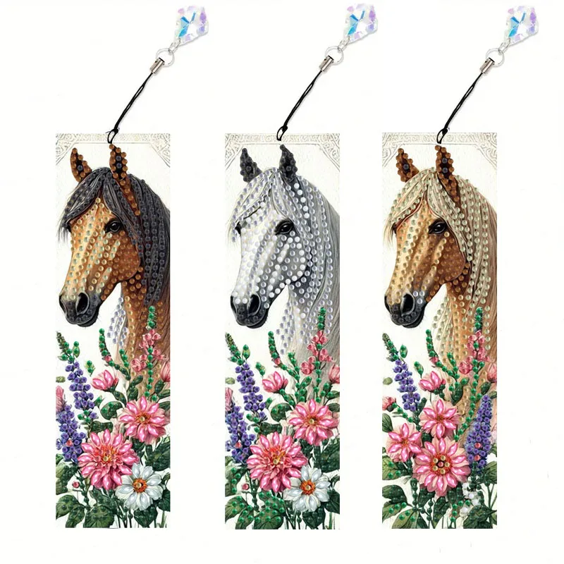 Juego de marcapáginas artístico con pintura de diamante de caballo de 3 piezas Panda Dream Catcher, marcapáginas de pintura de diamante de forma especial 5D con colgante.