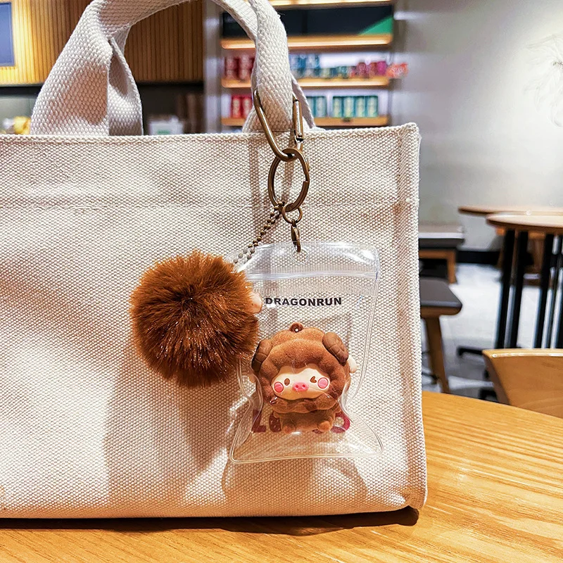Cartoon Sheep Brown Bear Costume Wearing Hat Pig Keychain Cute Flocking Ball Panda Doll Transparent Bags for Women Keys Chain