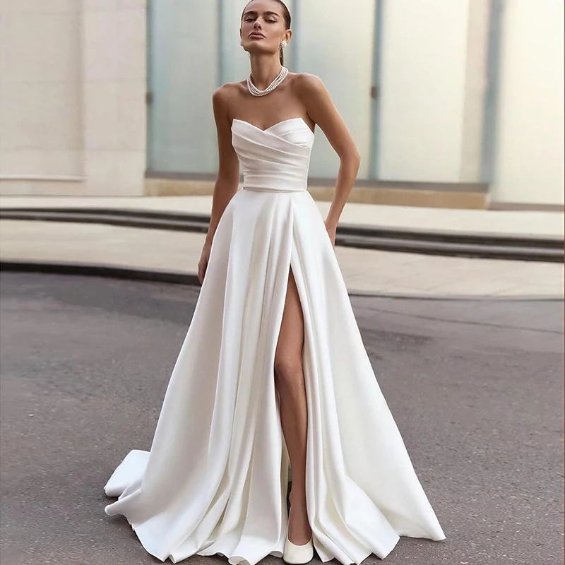 

Satin Wedding Dresses for Bride Strapless Prom Dresses Long Ruched Ball Gown with Slit