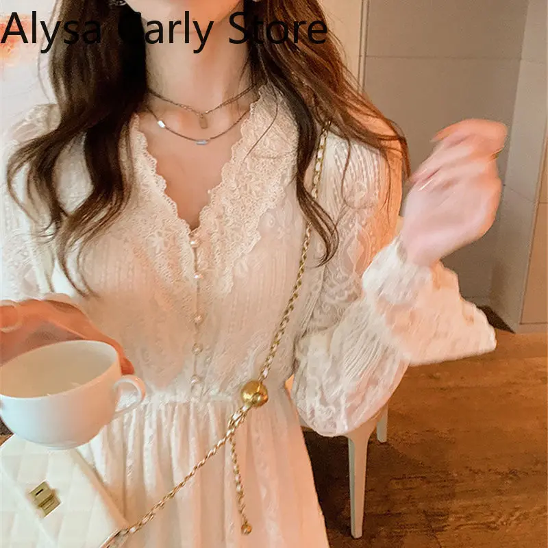 2022 Spring Lace Vintage Fairy Dress Women Elegant Flare Sleeve Korean Party Midi Dress Casual Office Lady Slim Y2k Kawaii Dress