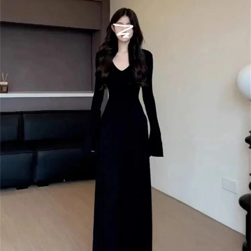 Autumn Winter New Fashion Long Sleeve V-neck Solid Women\'s Clothing Slim All-match Korean Temperament Casual Trend Chic Dresses