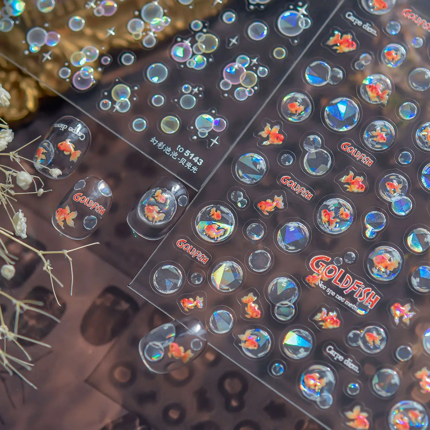 Colorful Bubbles Laser Shattered Glass Effect Nail Art Stickers Rainbow Bagful Goldfish 5D Decals Self Adhesive Manicure Sliders