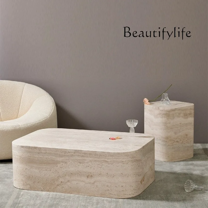

Natural travertine rectangular coffee table light luxury modern simple living room sofa side coffee table