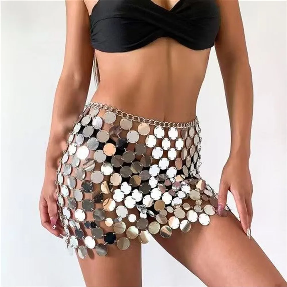 

Sexy Metal See Through Sequin beach mini skirt women Summer night club party skirt rave outfit y2k streetwear skirts womens