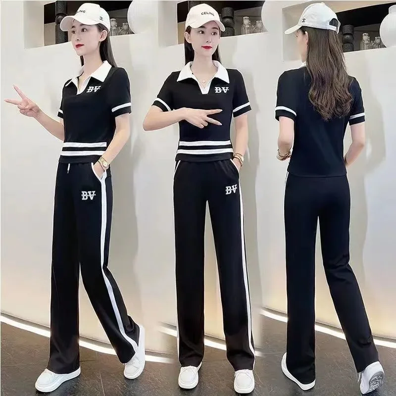 

Women's Casual Tracksuit Spring Summer New Korean Loose Short Sleeve Tops and Pants 2 Two Piece Set for Women Fashion Sportswear