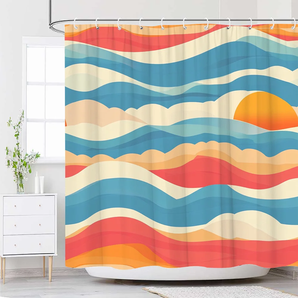

1pc Abstract Oceanic Shower Curtain Digital Illustration Blue Orange Red Beige Sunset Clouds Modern Style 12 hooks 70*70 inches