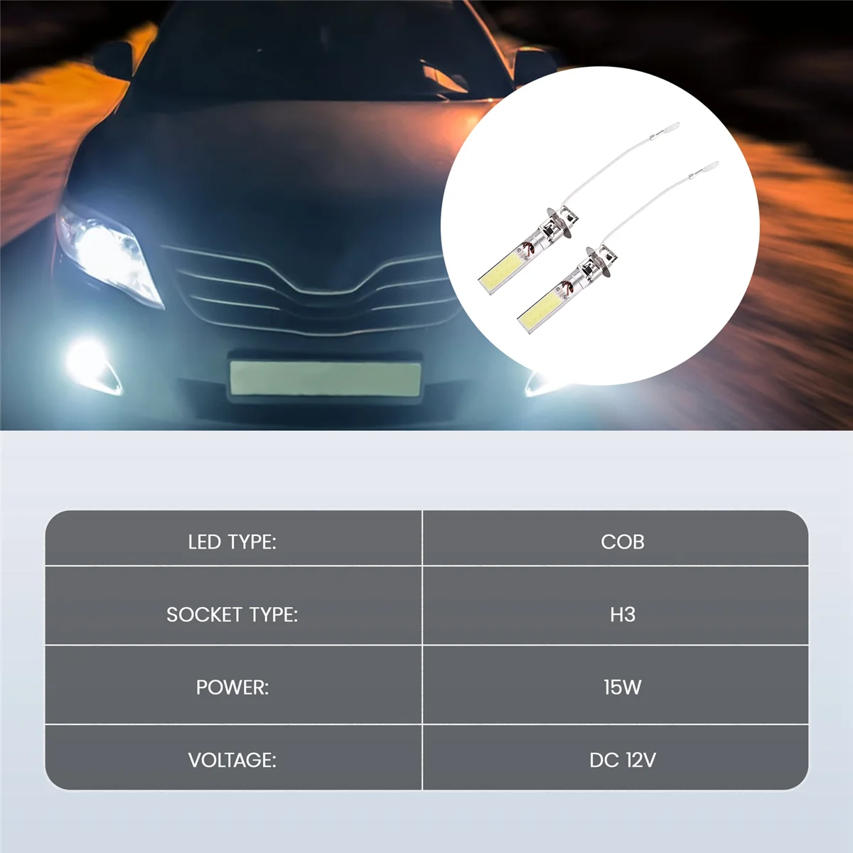 2 szt. H3 15W LED COB DRL Lampa Białe ksenonowe żarówki do reflektorów drogowych (srebrny odcień)