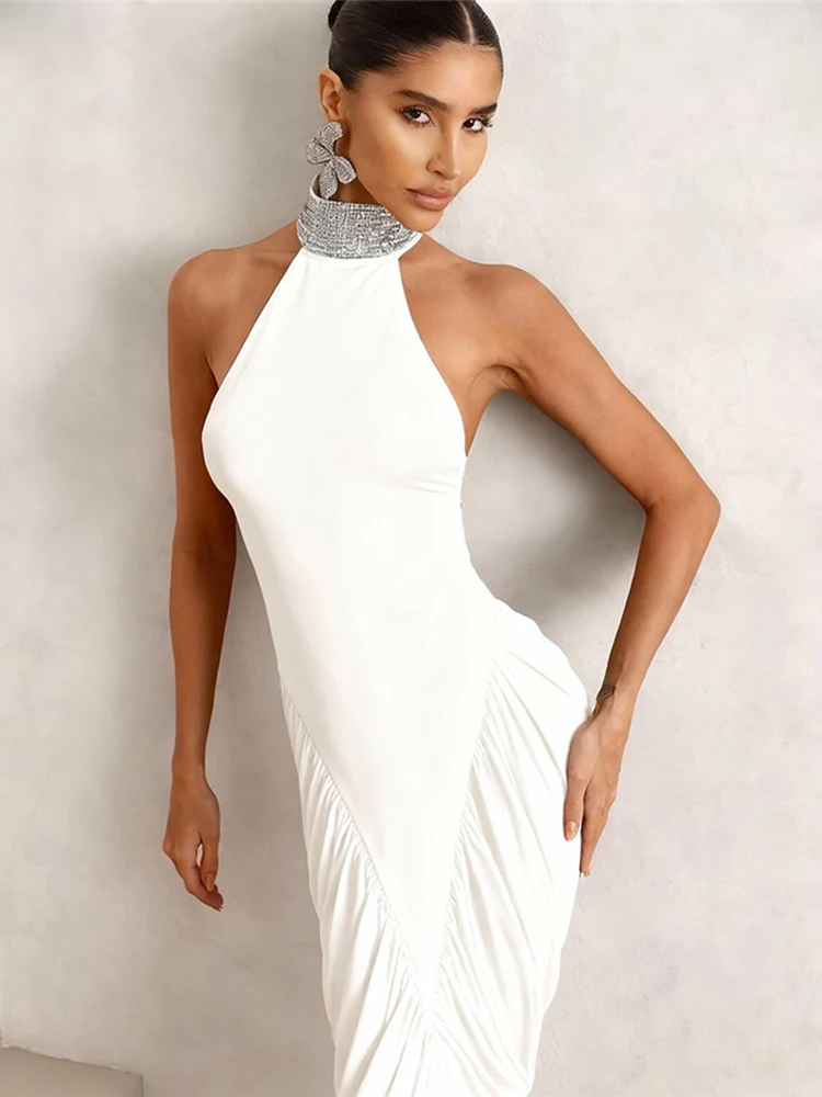 Kilou froncé élégant Robe longue femme bouton rayure licou col roulé dos nu sans manches Robe de bal fête maigre robes