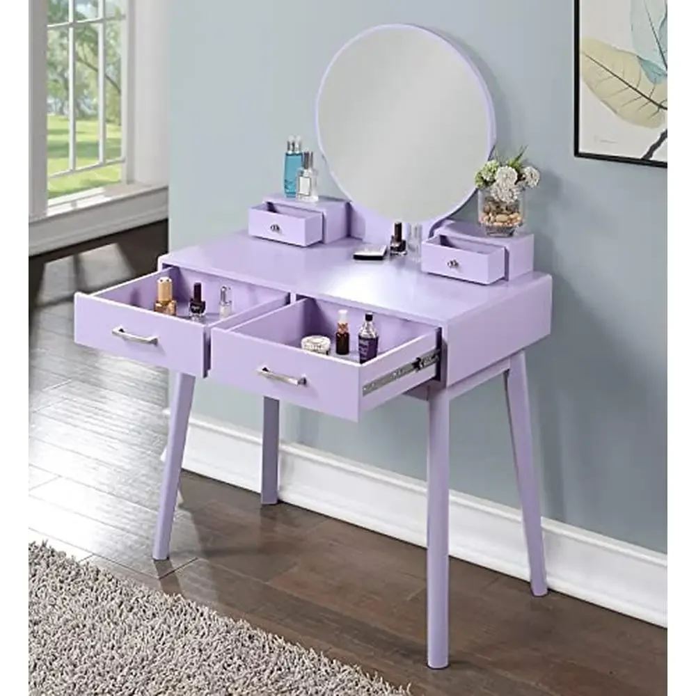 Contemporary 4-Drawer Vanity Table Set with Purple Stool