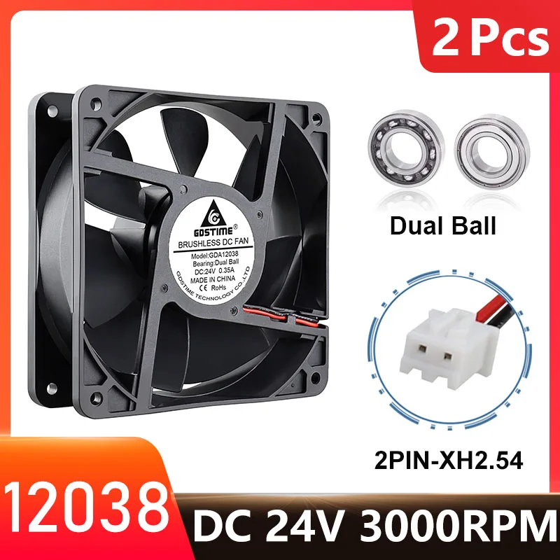 

2 Pcs DC 24V 2Pin Brushless Case Cooler 12038 120mm Case for computer Axial Fan 120x38mm 12cm Dual Ball Radiator Cooling Fan