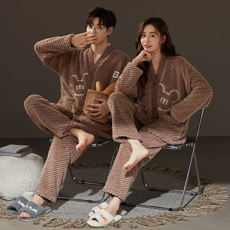 Korean Winter Warm Nightwear For Couples Women and Men Matching Homewear Coral Fleece Pajamas Set Hombre pijamas para parejas