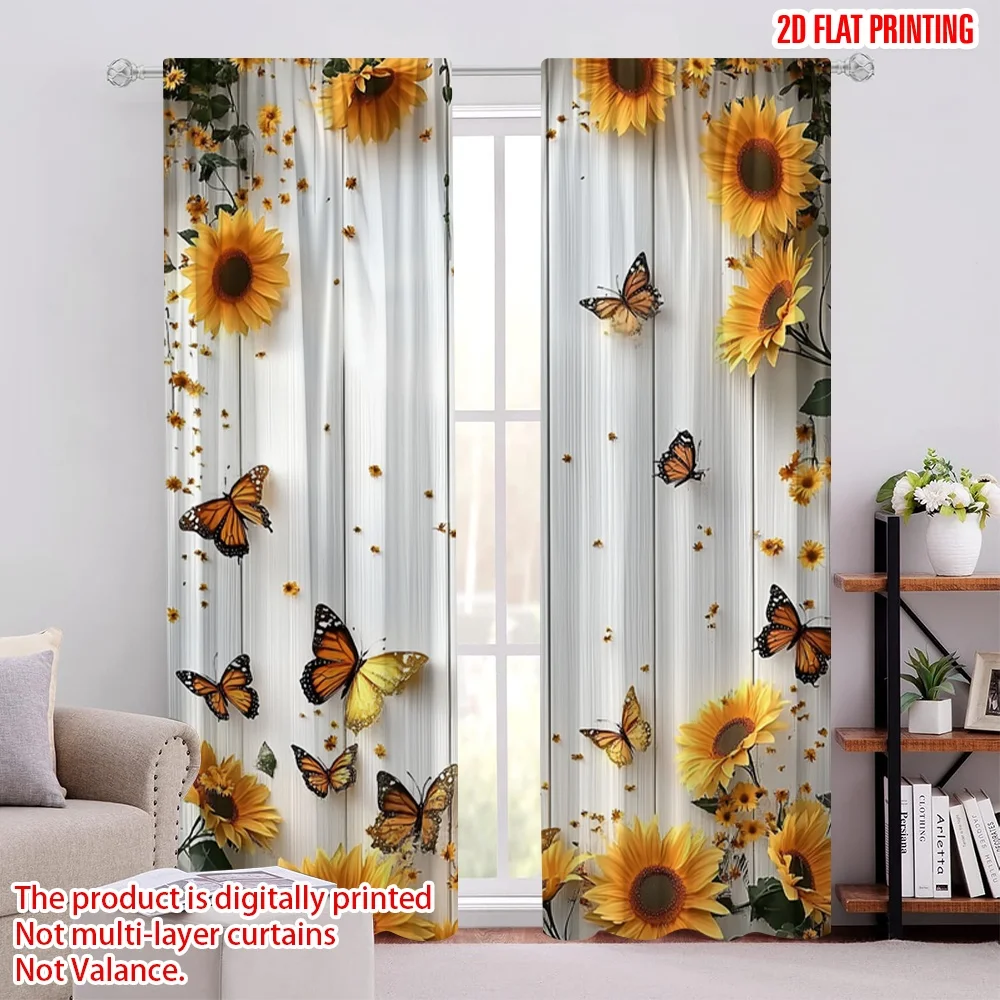 

2pcs 2D flat printing Scene Curtain Charming Sunflower and Butterfly Machine Washable Polyester,Without Electricity Family