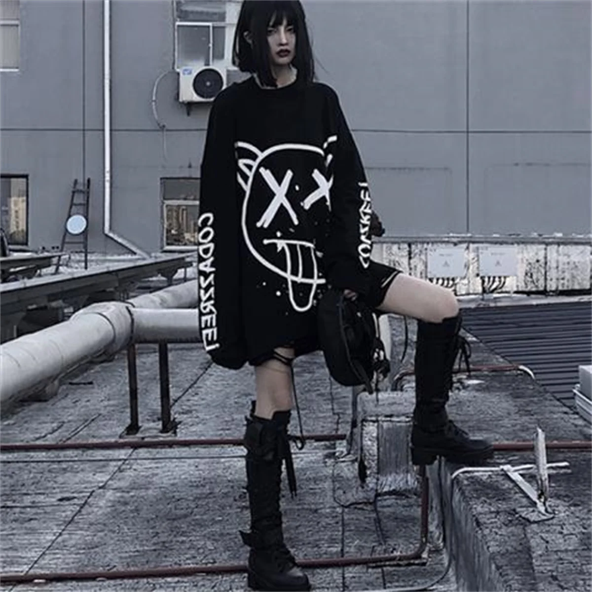 Cool Women Korean Fashion Oversized Long Sleeve T Shirt Hip Hop Punk Streetwear Girls Tees Black Loose Long Sleeve T Shirt Males