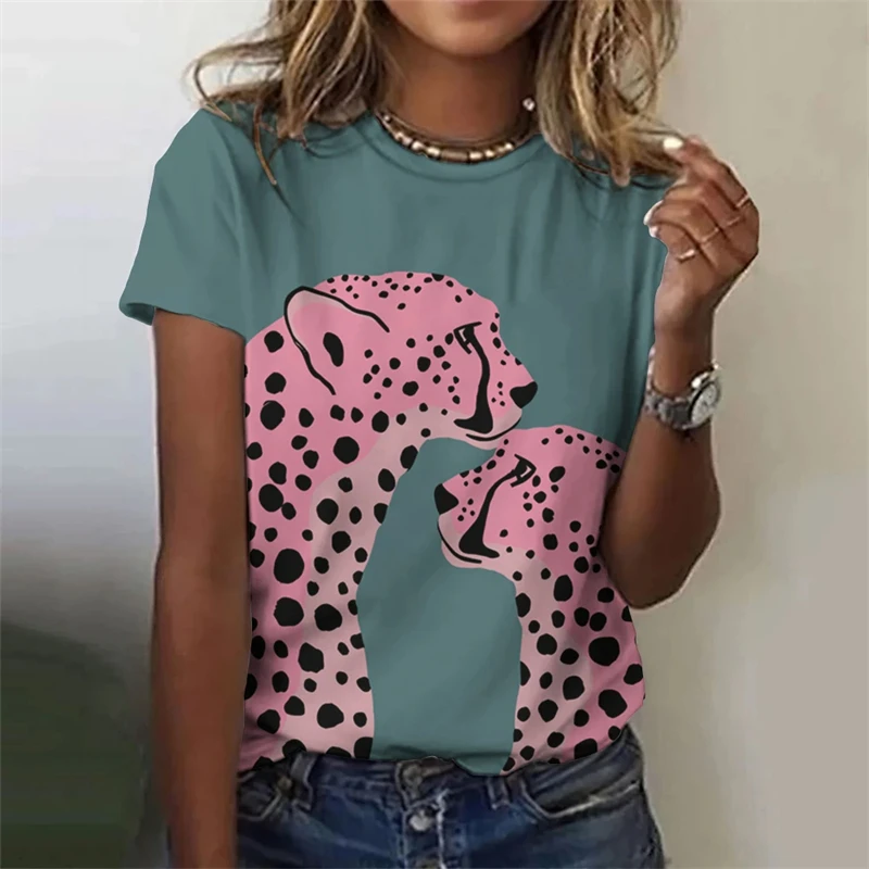 Summer Women\'s T-Shirt Pink 3d Leopard Print Fashion Streetwear Tshirts Harajuku Short Sleeve y2k Tops Oversized Female Clothing