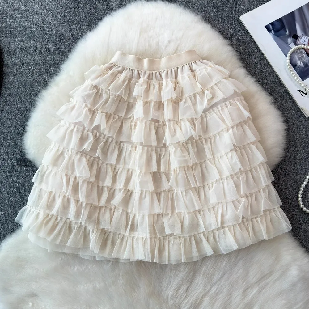 Saia bolo preta para mulheres pequenas, 2024 primavera e verão nova saia midi evasê, saia bufante de tule