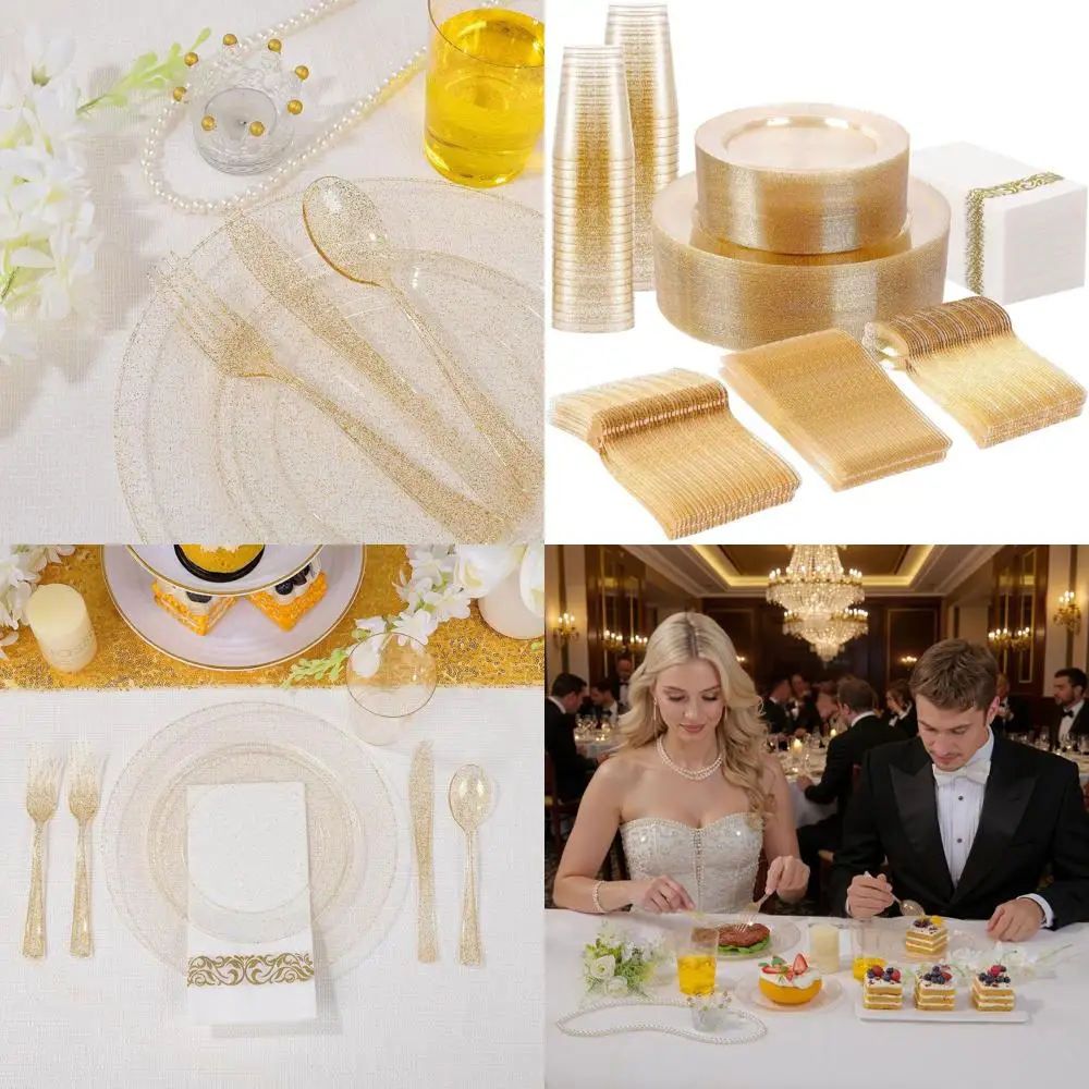 

Набор из 400 одноразовых столовых приборов с золотым блеском: 50 тарелок, 50 десертов, 100 вилок, 50 ножей, ложок, 50 чашек и салфеток