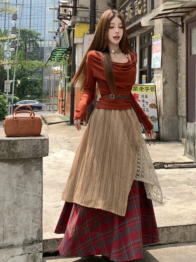 Women's Red Plaid Skirt Y2k A-Line Skirts Harajuku Korean Streetwear Vintage 90s High Waist Long Skirt Trashy 2000s Clothes