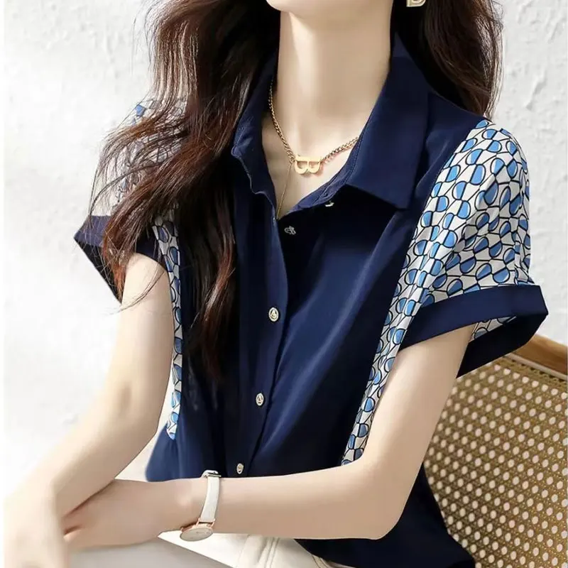 Commute Stylish Turn-down Collar Shirt Women\'s Clothing Chic Single-breasted Summer Printed Patchwork All-match Chiffon Blouse