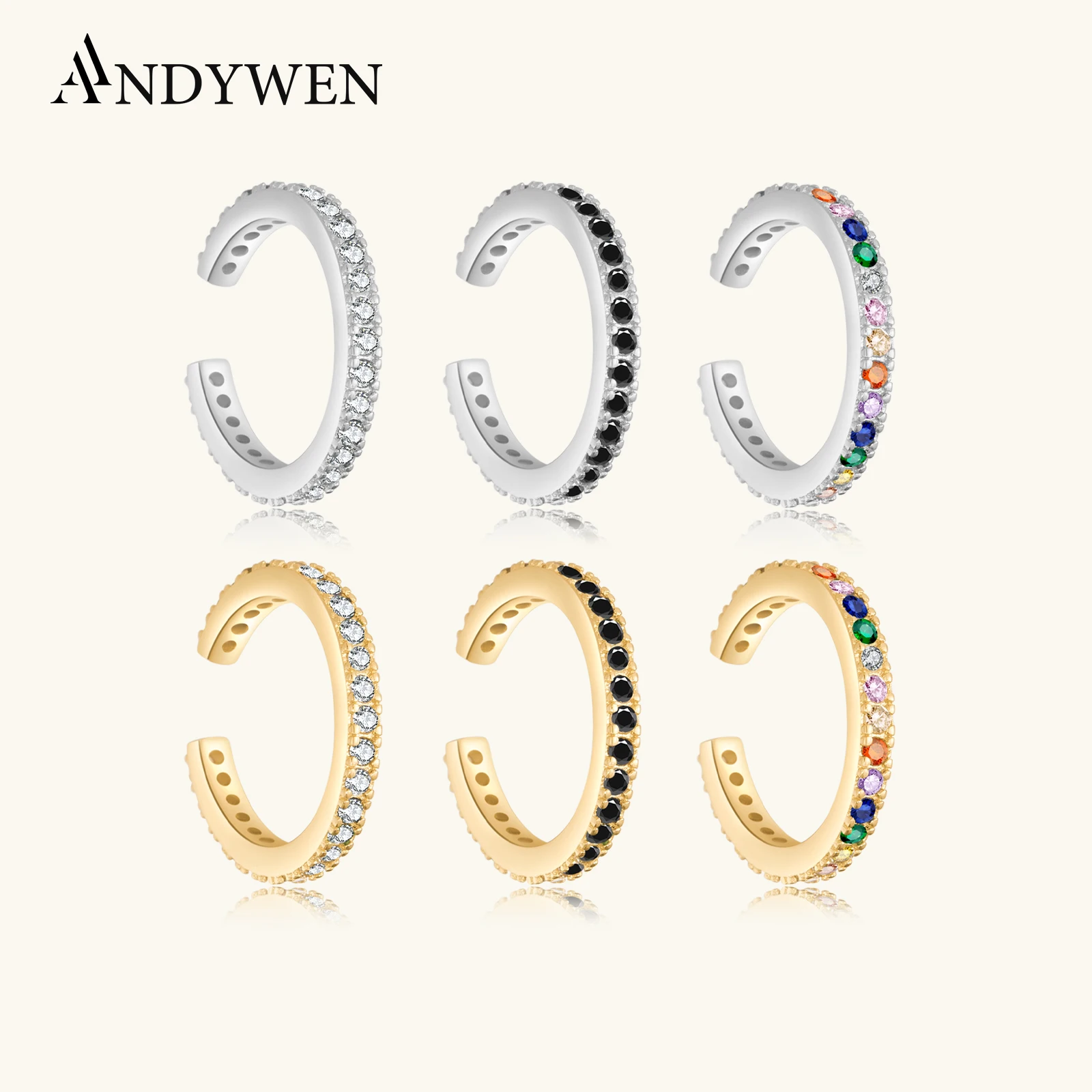 

ANDYWEN 925 Sterling Silver Colorful EarCuff Clip Earrings Without Piercing Ear Cuff Female C Jewelry Crystal CZ Statement