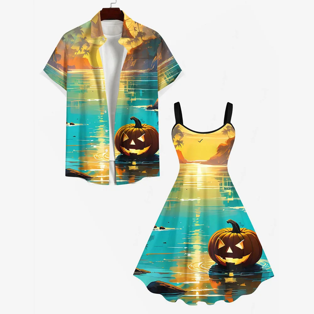 Hot Selling Custom Matching Hawaiian Men's Shirt Women's Tank Dress Casual Pumpkin Lake Coconut Tree Printed Couple Beach Outfit