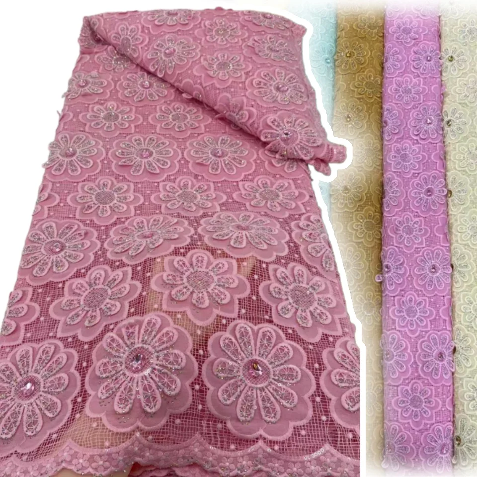 

2025 Hight Quality African Guipure Cord Lace Luxury Nigerian Milk Fiber Water Soluble Lace Fabric with Stone Gem Sequins SZ1361