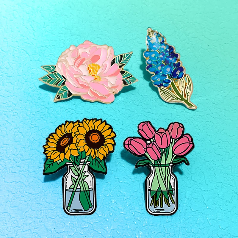 AniPins Cute Pretty Flowers Pins 4-design Enamel Lilac Tulip Sunflower Rose-flower Metal Plants Brooch Pin For Clothes Backpack