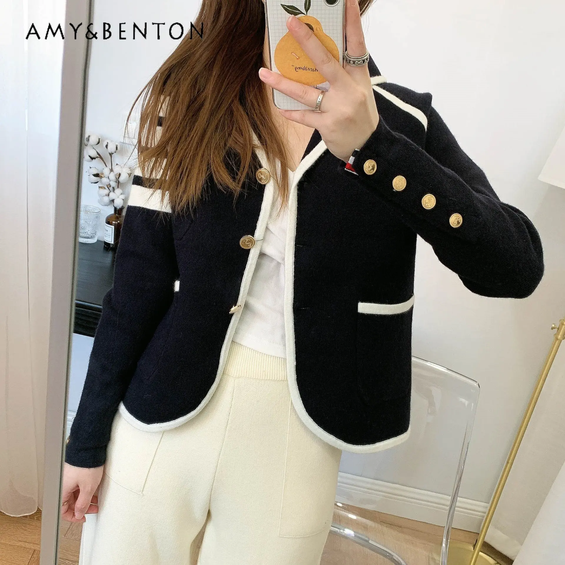 

British College Style Color-Contrasting Stripe Suit Sweater for Women 2023 Autumn Winter New Loose Wool Knit Cardigan Fashion