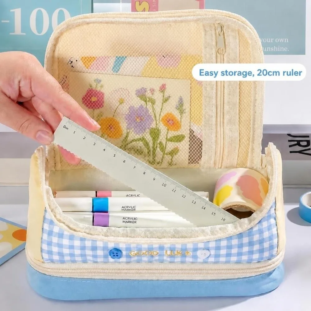 INS Dopamine Color Pencil Case Large Capacity Multi-Layer Stationery Organizer Plaid Embroidery Portable Stationery Storage Bag