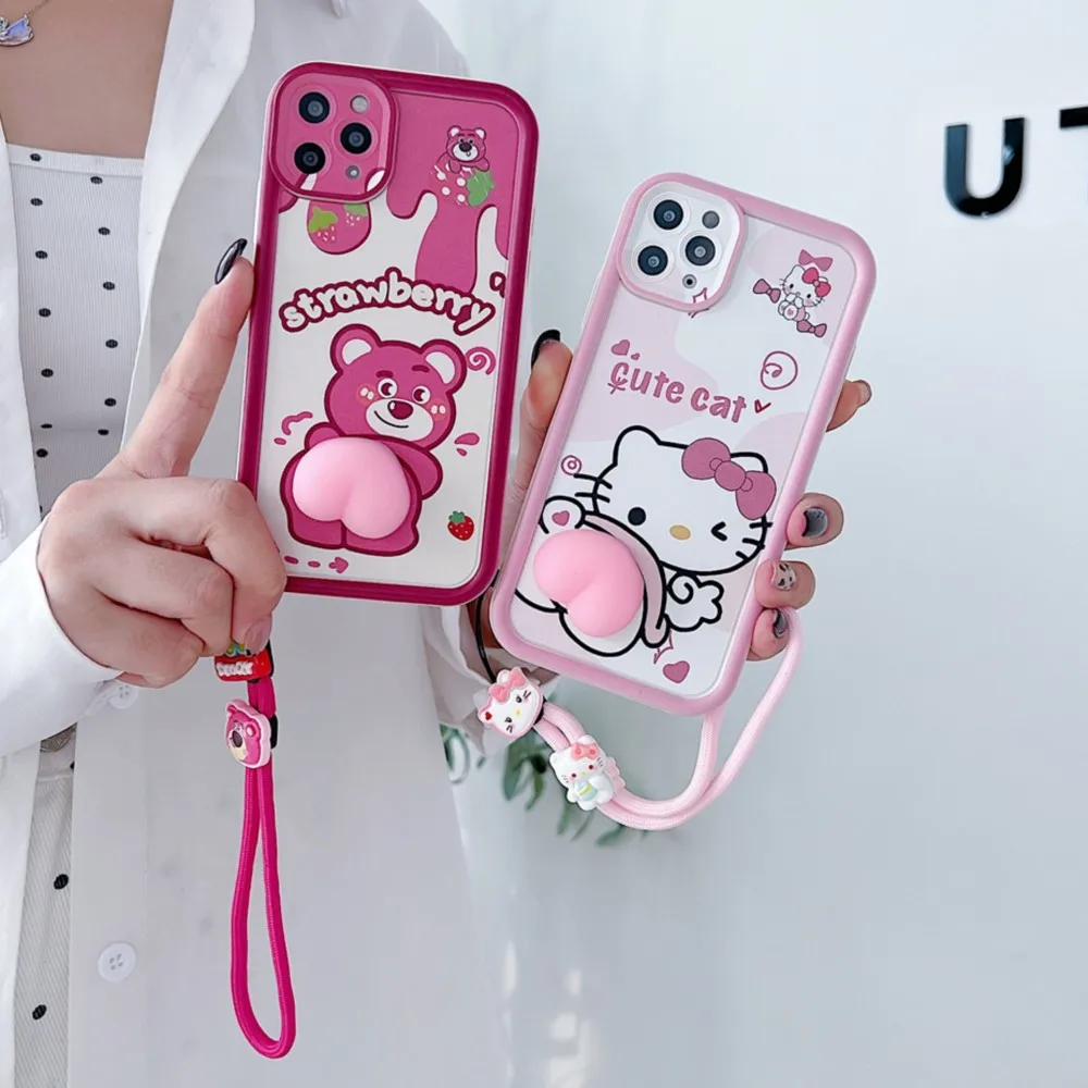 Hello Kitty 3D Cute Cat Bear Ass Buttocks Phone Case for Xiaomi Redmi 10 Prime 10A 10C 11A 12 12C 12R 13C With Strap Soft Cover