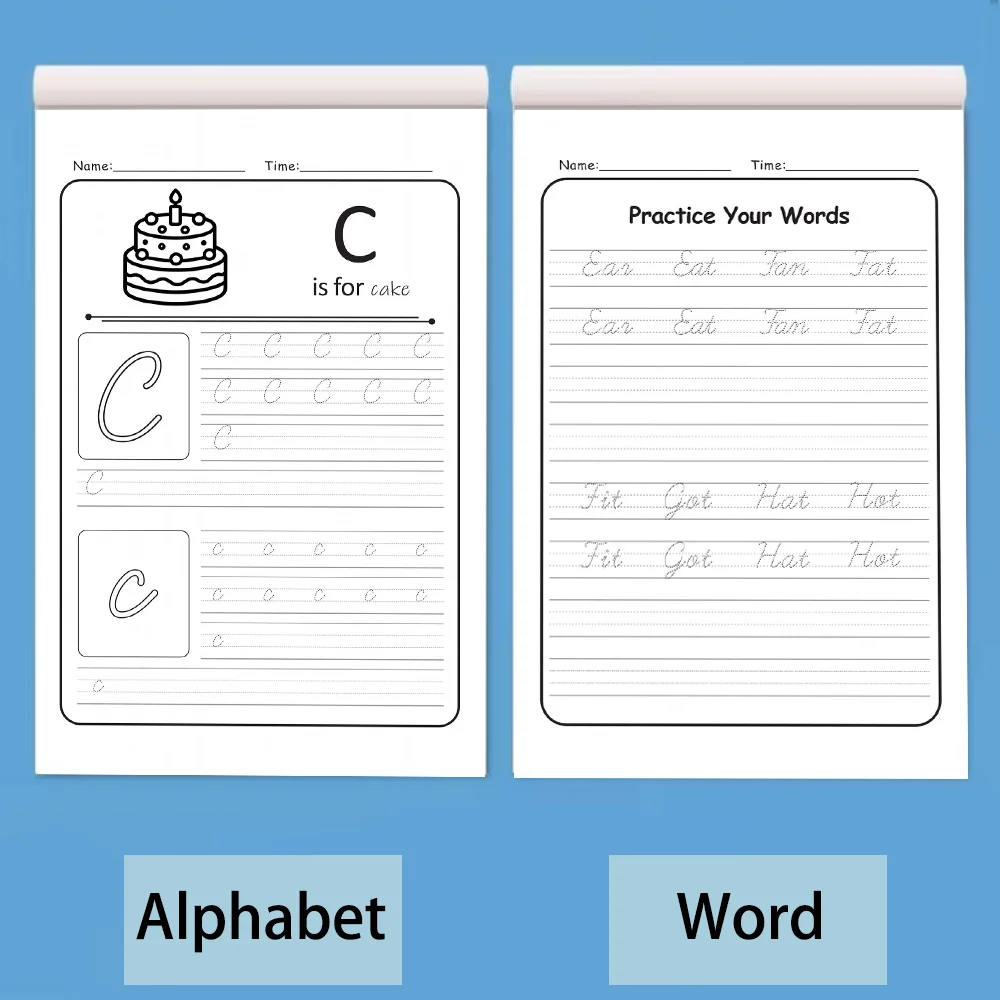 Two calligraphy and running script practice books, including exercises on letters, words, and sentence structures