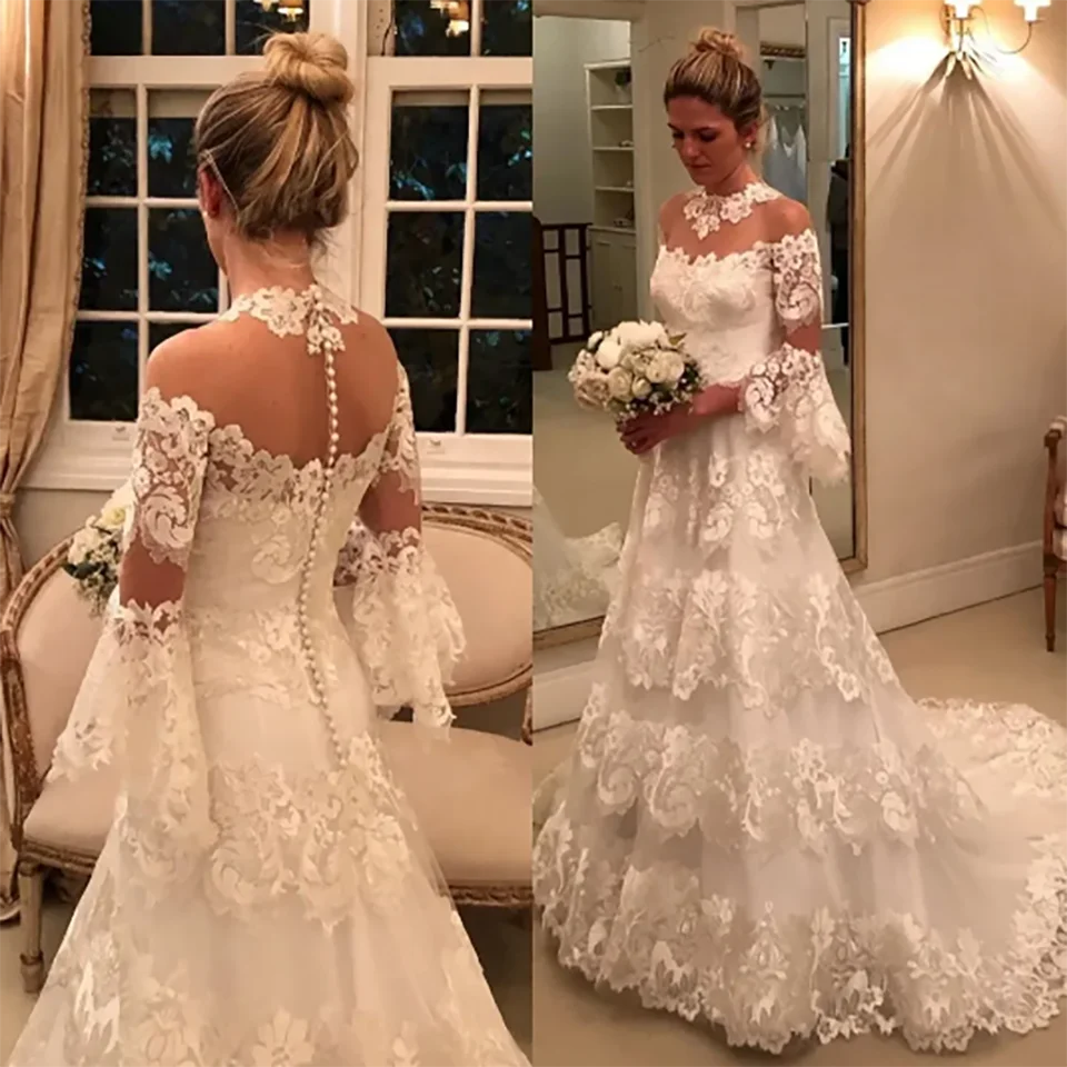 Robe de Mariée Trapèze en Tulle à Manches Évasées et Col Rond, Magnifique Tenue Personnalisée avec des Appliques en Dentelle et des lèvent d'Icide, 2024