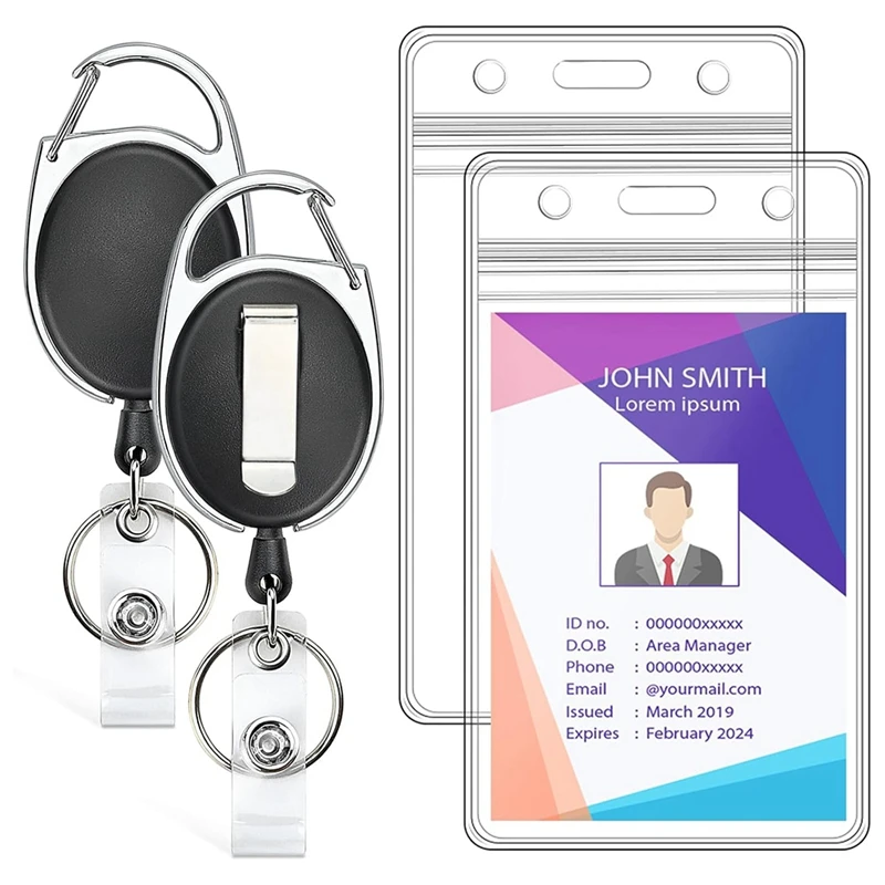 2 Pack ID Badge Holder With Retractable Badge Reel As Shown Plastic With Heavy Duty Carabiner Badge Reel