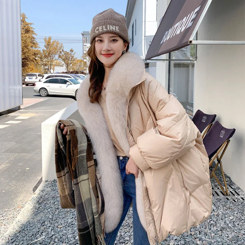 

Women's Premium Down Jacket Long Detachable Fox Fur Collar Loose Warm Fashion Fur Slim Coat Winter Casual Temperament Coat 2023