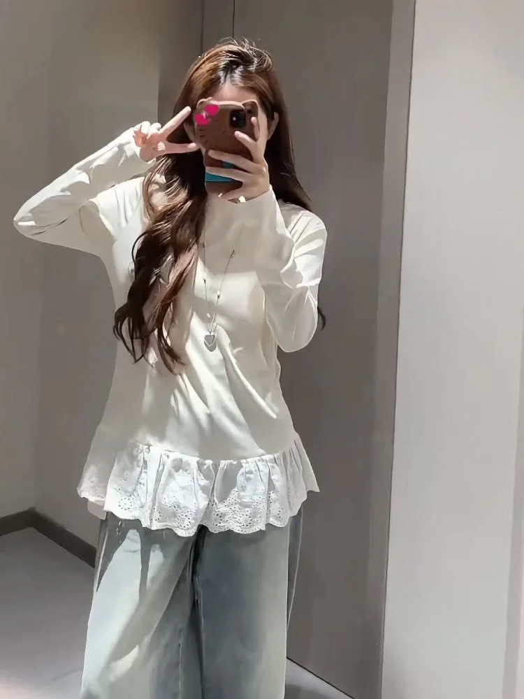 Minority Lovely Lace Flower Shirts Slim O Neck Long Sleeve Casual Blusas Western Style All-match Age Reduction New Mujer
