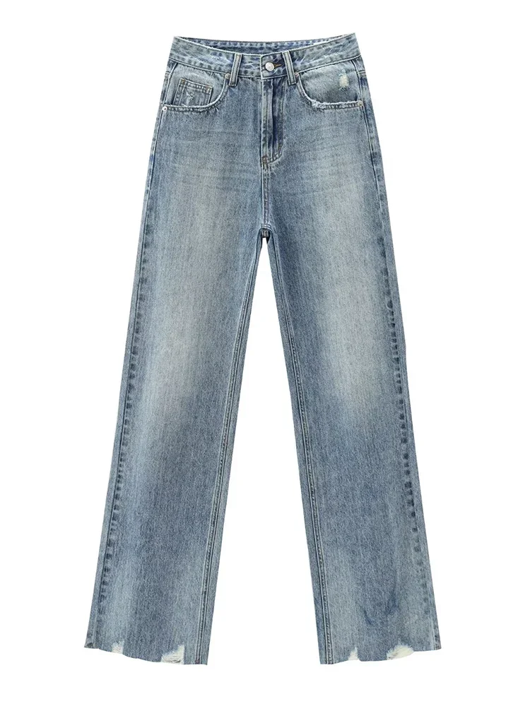 

Willshela Women Fashion Denim Blue Front Zipper Straight Pants Jeans Vintage High Waist Full Length Female Chic Lady Trousers